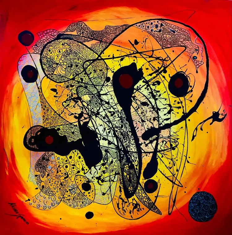Pintura com fundo amarelo e vermelho e desenhos abstratos em preto