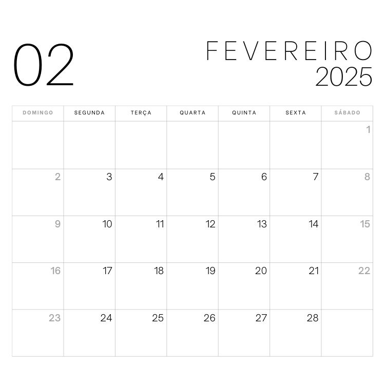 A imagem exibe o calendário de fevereiro de 2025, com layout minimalista e com feriados. O número "02" e o mês "Fevereiro" aparecem no topo. Os dias estão dispostos em uma grade semanal, começando no domingo e terminando no sábado.