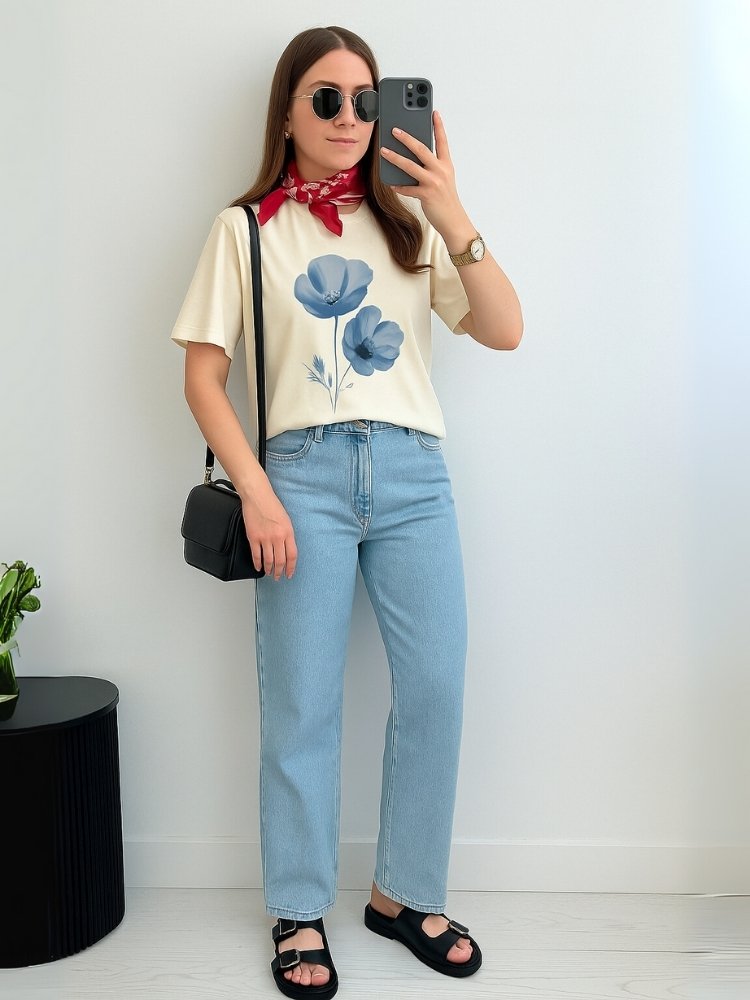 Foto de mulher morena usando look com camiseta branca floral da ALIZI com calça jeans e lenço vermelho no pescoço