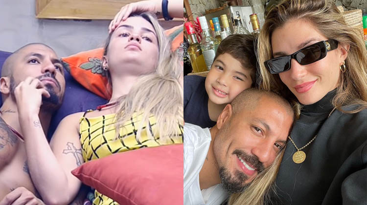 Montagem com duas fotos: Fernando e Aline no BBB e atualmente com 1 filho