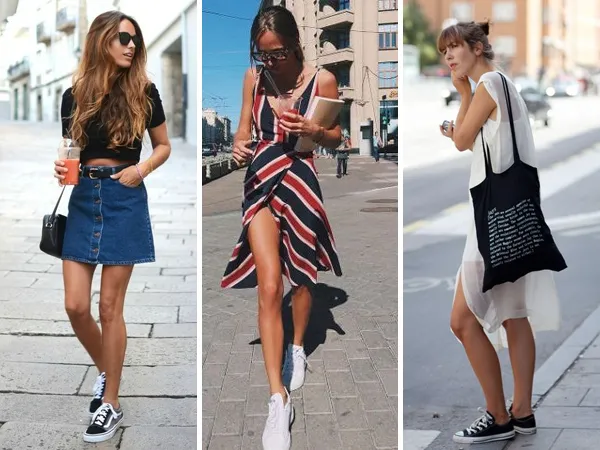Montagem com 3 fotos de mulheres de pele clara usando tênis. Uma usa cropped preto e saia jeans; outra usa vestido preto e vermelho e outra usa vestido branco 