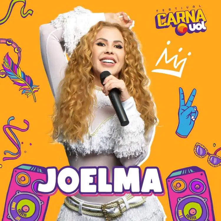 Foto de Joelma em fundo laranja, com desenhos que remetem ao Carnaval, como óculos de sol, pena, pandeiro, caixas de som, etc.