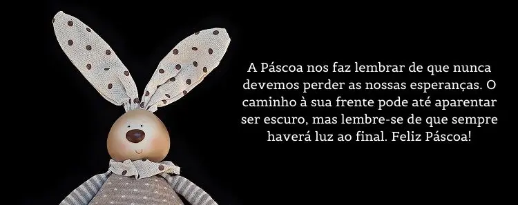 Cartão virtual de fundo preto com desenho de coelho e frase: A Páscoa nos faz lembrar de que nunca devemos perder as nossas esperanças. O caminho à sua frente pode até aparentar ser escuro, mas lembre-se de que sempre haverá luz ao final. Feliz Páscoa!