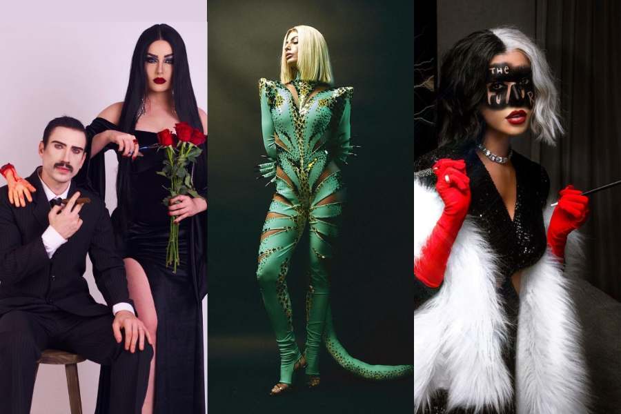 Montagem com 3 fotos: famosas fantasias Halloween da Sephora: Jéssica Cardoso de Mortícia da Família Adams, Mari Gonzales de Cuca e Rica de Marré com fantasia de Cruella.
