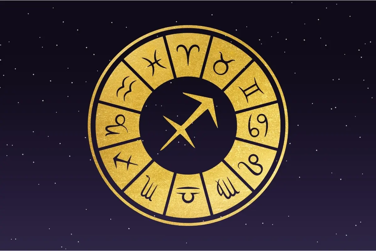 Fundo de céu estrelado com símbolo do signo de Sagitário, horóscopo do dia de hoje