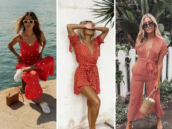 montagem com 3 fotos de mulheres de pele clara. a primeira usa macacão vermelho de bolas brancas; a segunda usa vestido vermelho de bolas brancas e a terceira usa macacão xadrez vermelho e branco