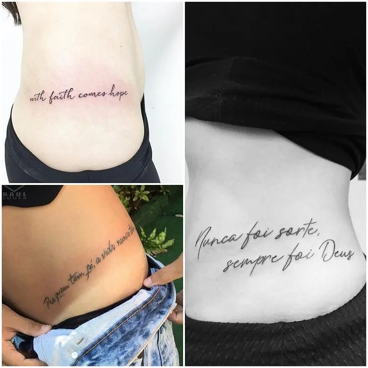 montagem com três fotos de tatuagem de cintura com mensagens de fé