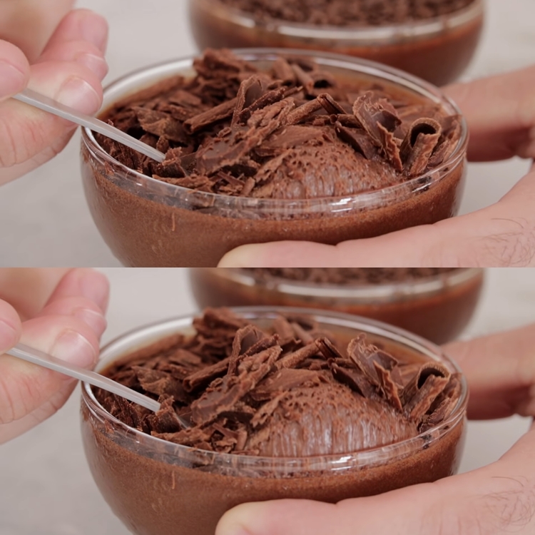 Montagem com duas fotos de pessoa de pele clara com colher em taça transparente com mousse de chocolate e raspas