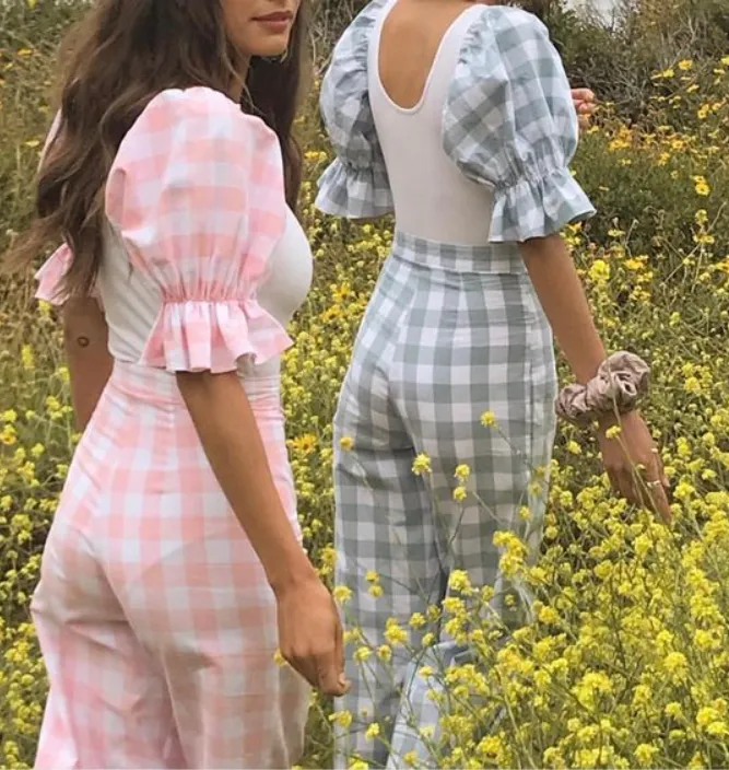 Conjuntos blusa mangas bufantes e calça xadrez vichy