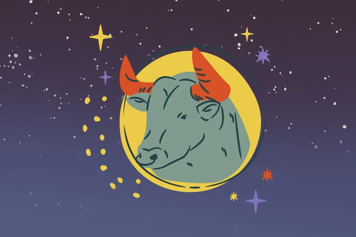 Foto de céu azul-escuro estrelado com símbolo do signo de Touro, simbolizando horóscopo diário