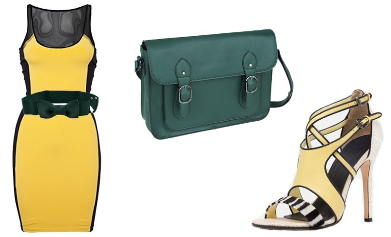 Vestido curto amarelo, bolsa verde e sandália amarela. 