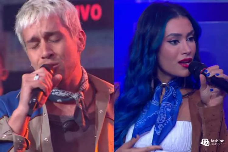 Matheus Torres é loiro e Unna X tem cabelo azul, eles estão segurando microfones