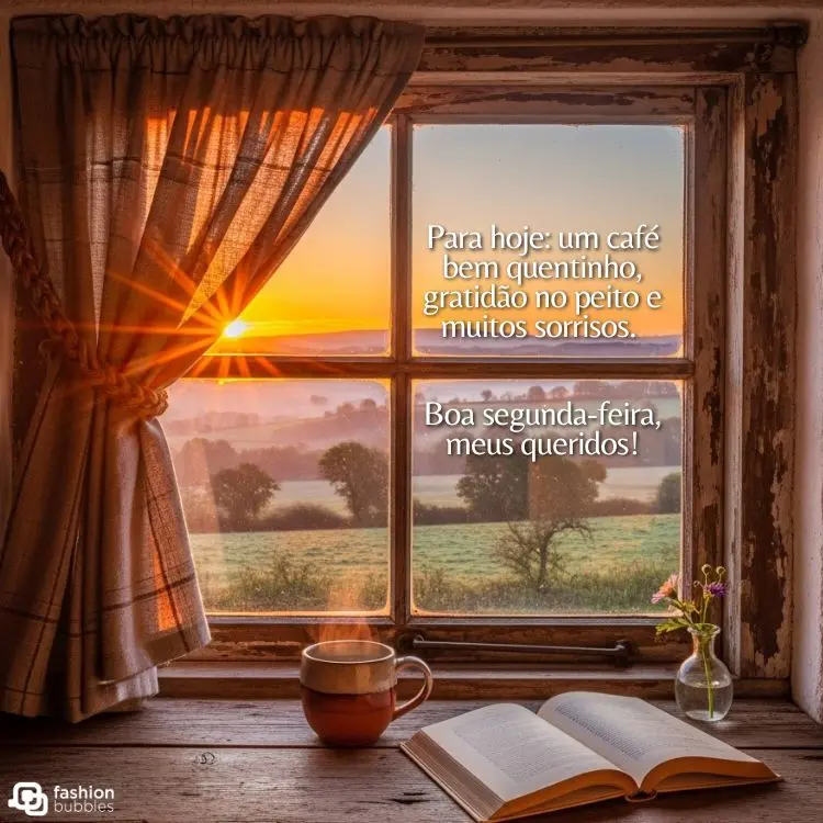 A imagem mostra a vista de uma janela de madeira rústica ao amanhecer, com raios de sol alaranjados entrando pela cortina. No parapeito, há uma xícara de café fumegante, um livro aberto e um pequeno vaso com flores. Mensagens de "Bom dia" aparecem no vidro.







