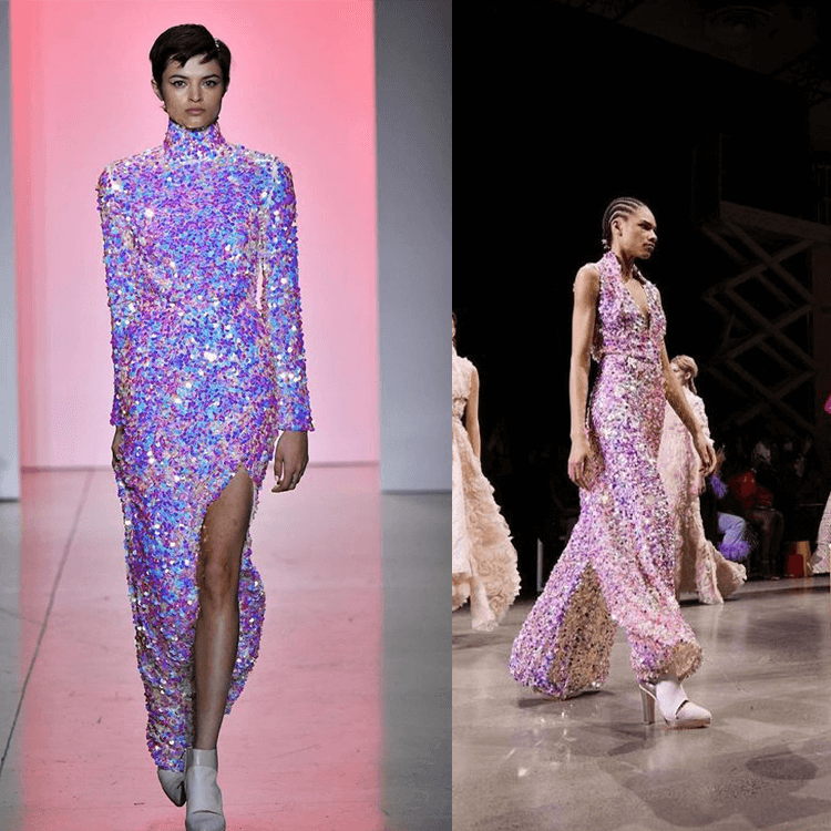 Modelo usando vestidos com muito brilho