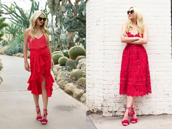 Montagem com duas fotos de mulher loira de pele clara. Na primeira, usa regata vermelha com saia de fenda frontal vermelha com babados; a outra ela usa vestido vermelho de renda