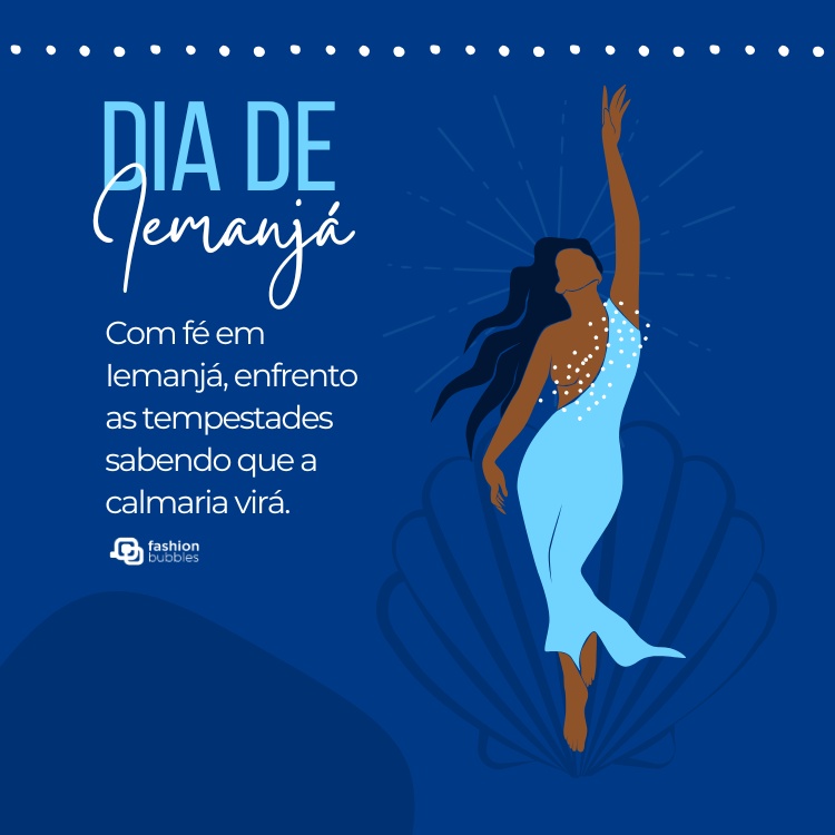 Cartão virtual de fundo azul-escuro com desenho de Iemanjá e frase: Com fé em Iemanjá, enfrento as tempestades sabendo que a calmaria virá.