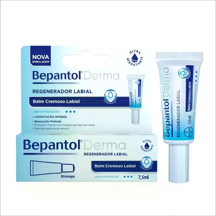 Embalagem de papel e bisnaga de Regenerador labial, Bepantol