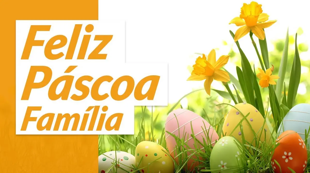 Foto de jaridm com ovos de páscoa e frase "feliz pascoa, família"