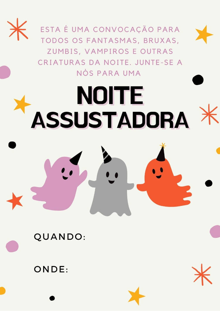 convite para festa de Dia das Bruxas com fundo bege, fantasmas coloridos e frase "Esta é uma convocação para todos os fantasmas, bruxas, zumbis, vampiros e outras criaturas da noite. Junte-se a nós para uma noite assustadora!"