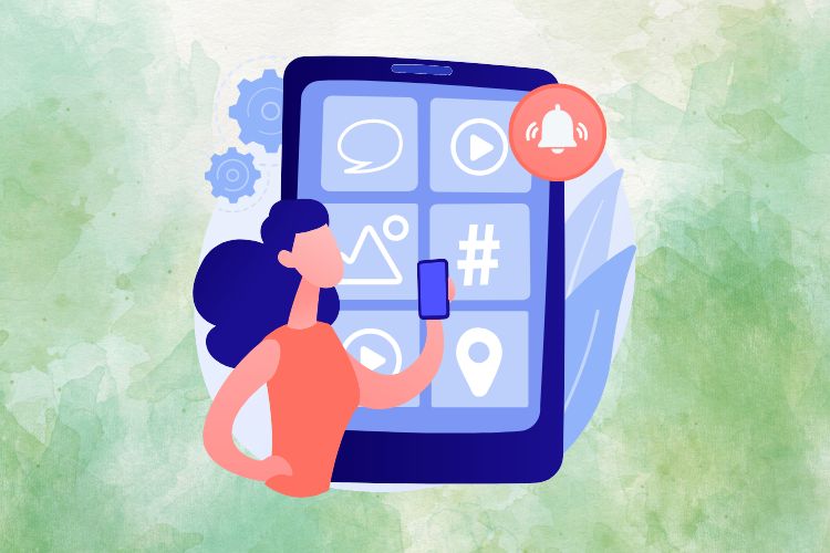 ilustração de mulher olhando notificação no smartphone, como dignosticar FOMO