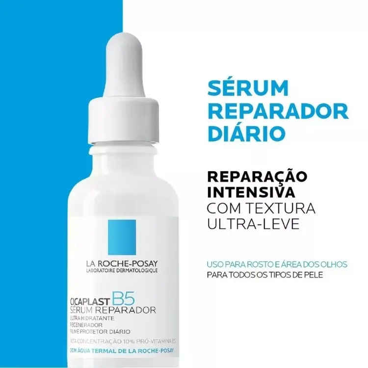 Embalagem do Cicaplast B5 Sérum, La Roche-Posay com informações sobre o produto ao lado 