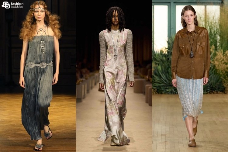 Modelos nos desfiles de Anna Sui, Coach e TWP usando colares longos, uma das tendências da NYFW Primavera Verão 2027