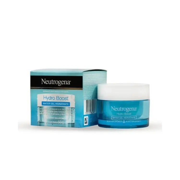 Embalagem de papel e produto Neutrogena Hydro Boost Water em azul 