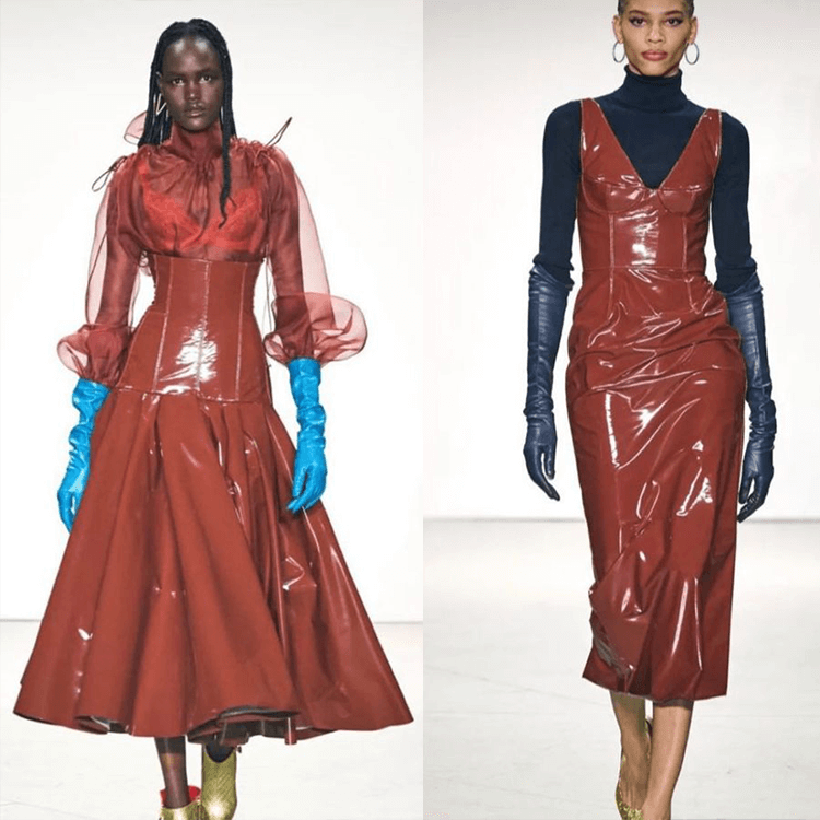 Modelos usando couro marrom brilhante nas passarelas da New York Fashion Week