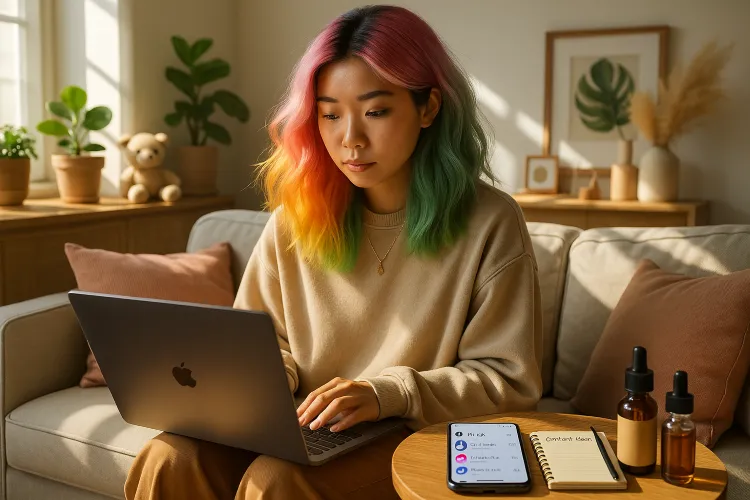 A imagem mostra uma jovem de cabelos coloridos sentada em uma sala de estar aconchegante, trabalhando em um laptop. Ela veste um suéter bege e calças marrons, com expressão focada e calma. A sala tem um sofá bege claro, uma mesa de centro de madeira com um smartphone, um bloco de notas amarelo e duas pequenas garrafas de vidro. Ao fundo, há prateleiras com plantas, um ursinho de pelúcia e elementos decorativos, iluminados por luz natural. O ambiente transmite uma atmosfera serena e produtiva.
