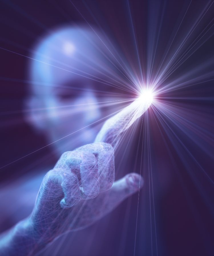 Robo de inteligência artificial com luz na ponta do dedo
