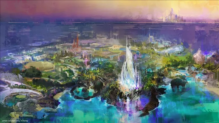Arte conceitual do novo parque da Disney em Abu Dhabi, com castelo futurista central iluminado, cercado por jardins, áreas temáticas e água cristalina. Ao fundo, prédios modernos e montanhas, em tons vibrantes de azul, verde e roxo.
