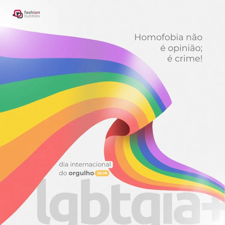 Card com onda nas cores do arco-íris, fundo cinza e frase: Homofobia não é opinião; é crime!