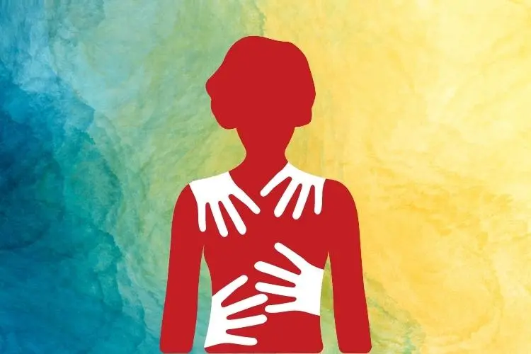 ilustração de silhueta vermelha de mulher com 4 mãos brancas encostando nela