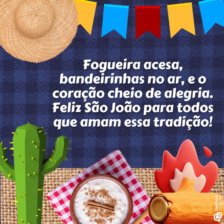 Frase do Dia de São João escrita em fundo xadrez azul com desenhos de chapéu, bandeirinha, cacto, canjica, fogueira
