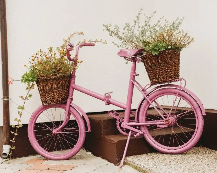 Upcycling: bicicleta velha como decoração de área externa. Foto de bicicleta transformada.