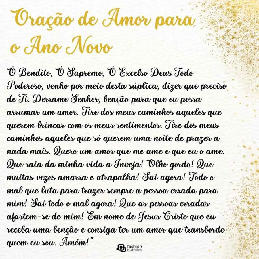 Oração de Amor para o Ano Novo, ilustração em branco, dourado e preto