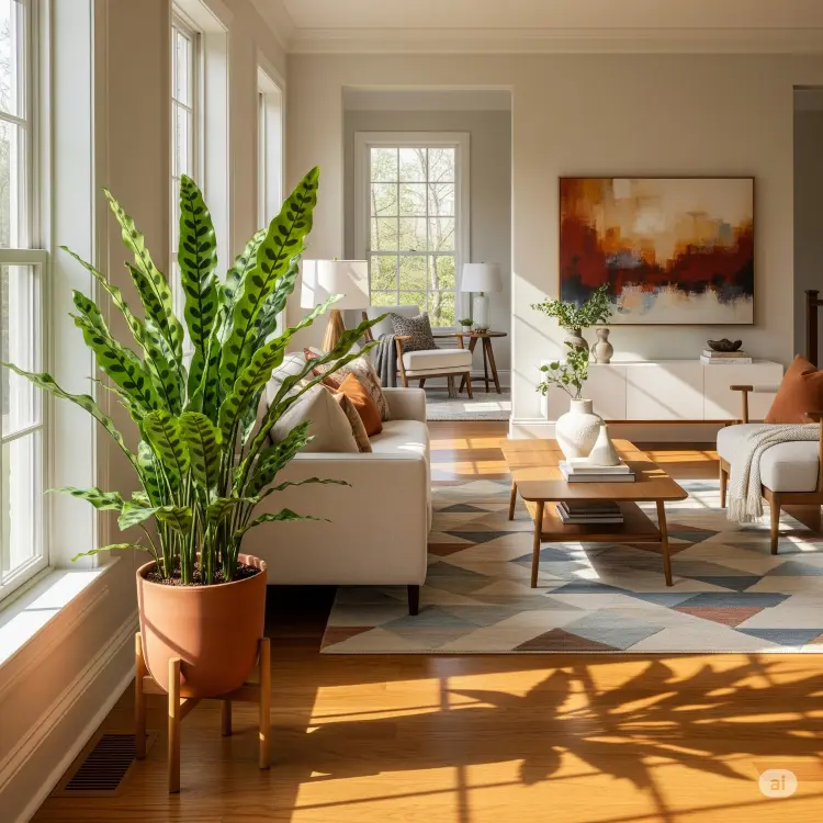 Sala de estar moderna com grandes janelas, piso de madeira e tapete geométrico. Uma grande planta calathea em um vaso de terracota sobre um suporte de madeira está em primeiro plano, adicionando um toque vibrante à decoração.







