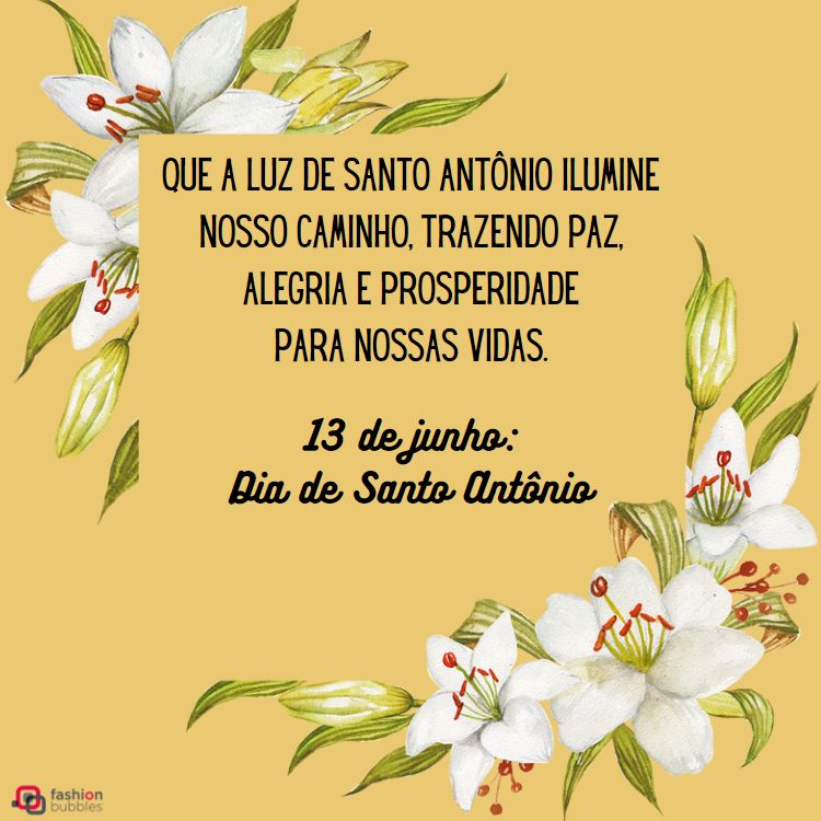 frase para compartilhar no Dia de Santo Antônio com ilustração de lírios brancos