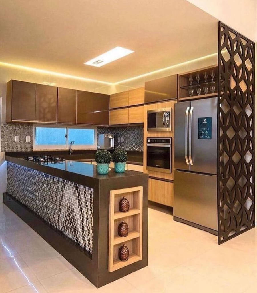 Bancada revestida com pastilhas e nichos na lateral.
