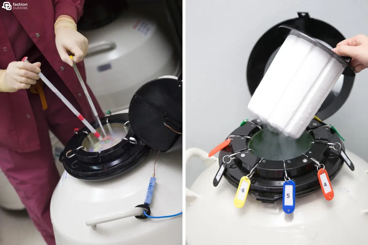 Montagem com duas fotos sobre congelamento de óvulos: uma de um profissional com roupa vinho e luvas colocando óvulos na máquina de congelar e a outra da máquina de congelamento com etiquetas numeradas