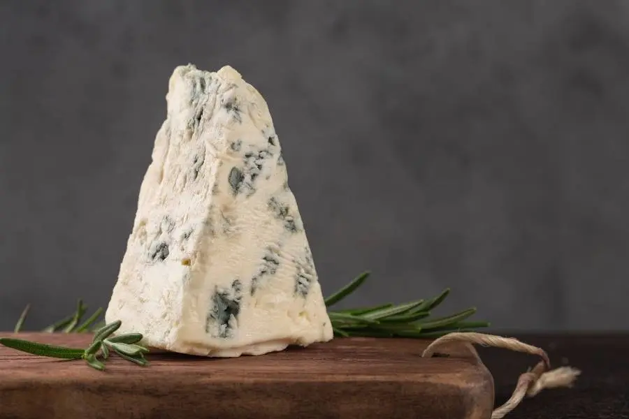 pedaço triangular de queijo gorgonzola com ramos de alecrim em tábua de madeira