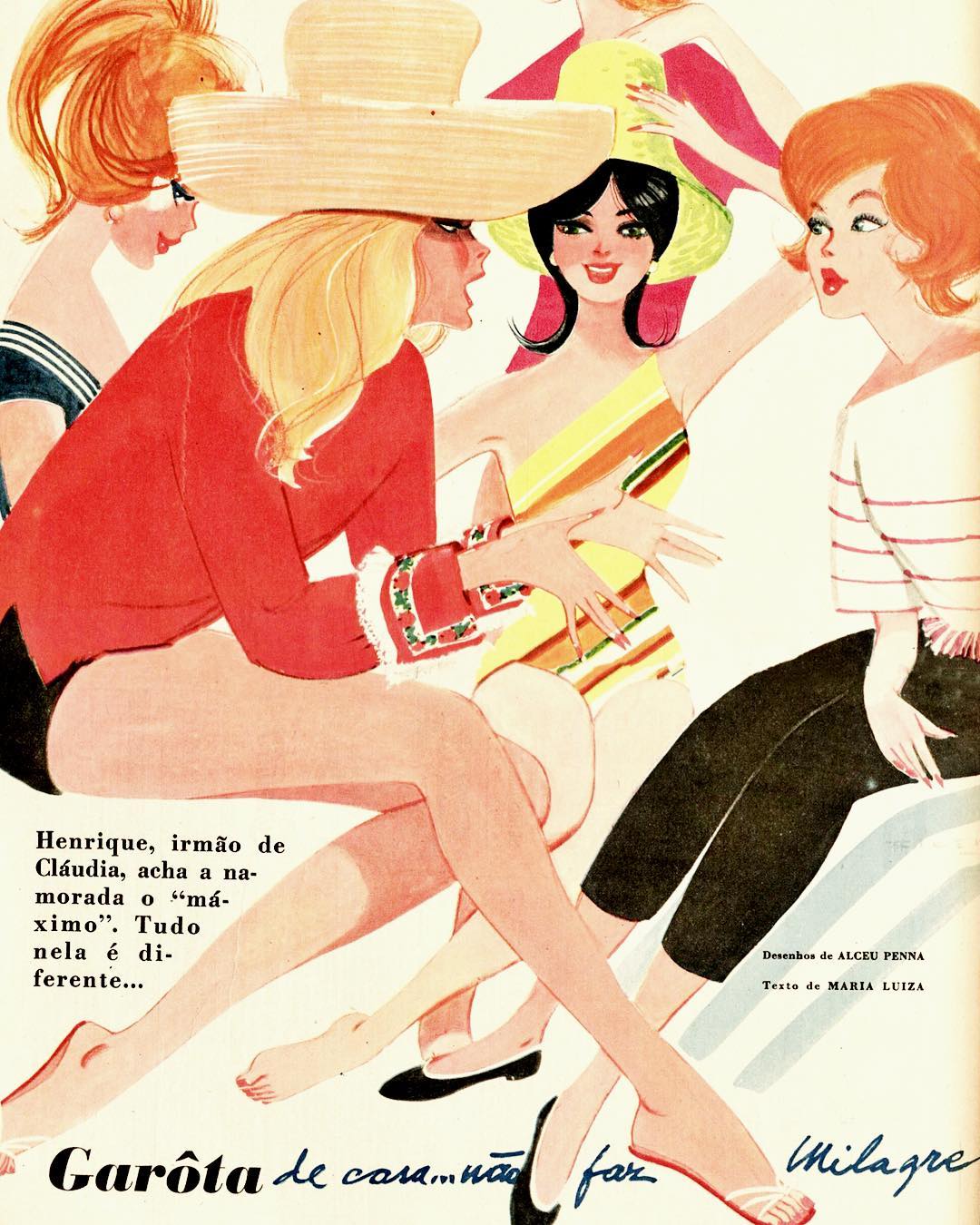 Ilustração de Alceu Penna das garotas na praia. 