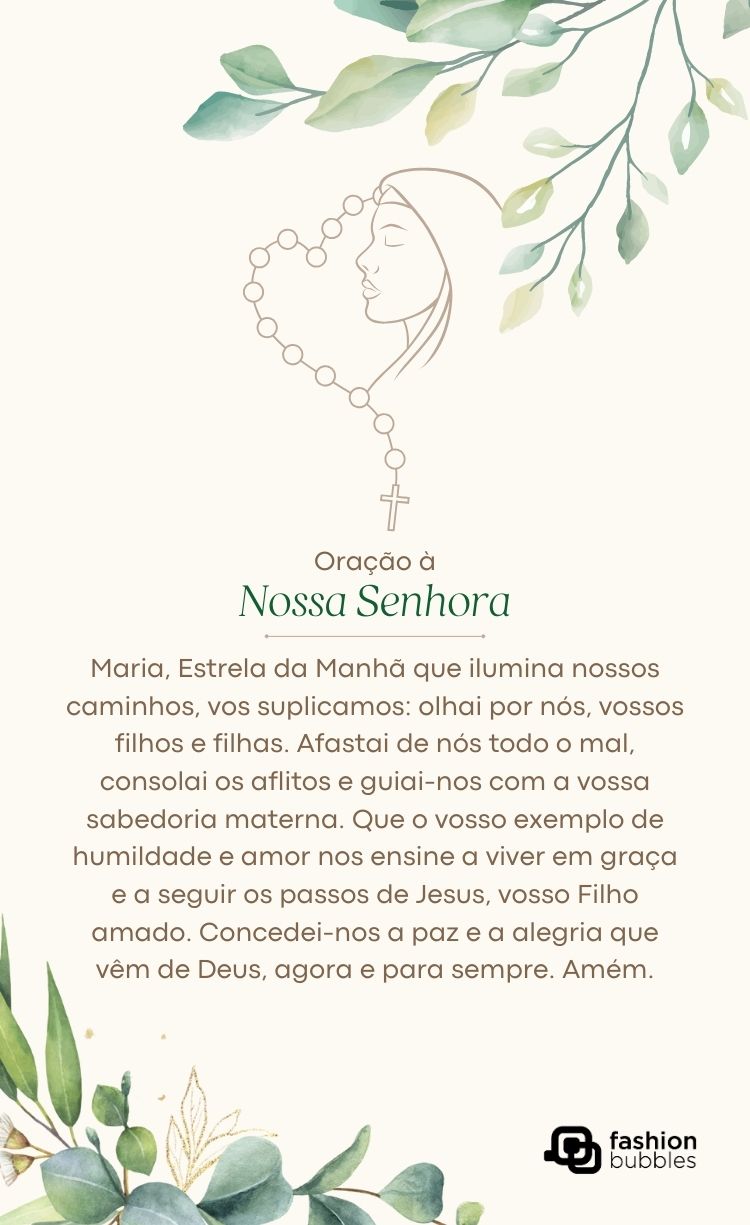 Desenho de Nossa Senhora, em perfil, com o terço na frente. A imagem é em traços finos e cinza. O fundo branco é decorado com folhas verdes em cima e embaixo, e a oração "Oração à Nossa Senhora" em cinza e verde.