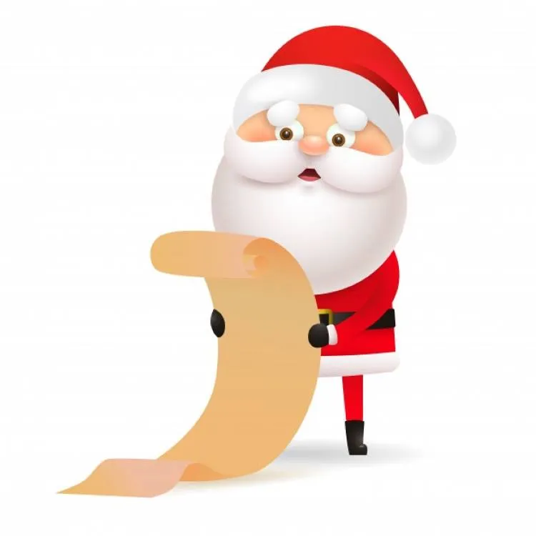 Desenho do Papai Noel segurando lista de presentes.