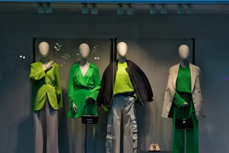 Foto de quatro manequins em vitrine usando looks da cor verde