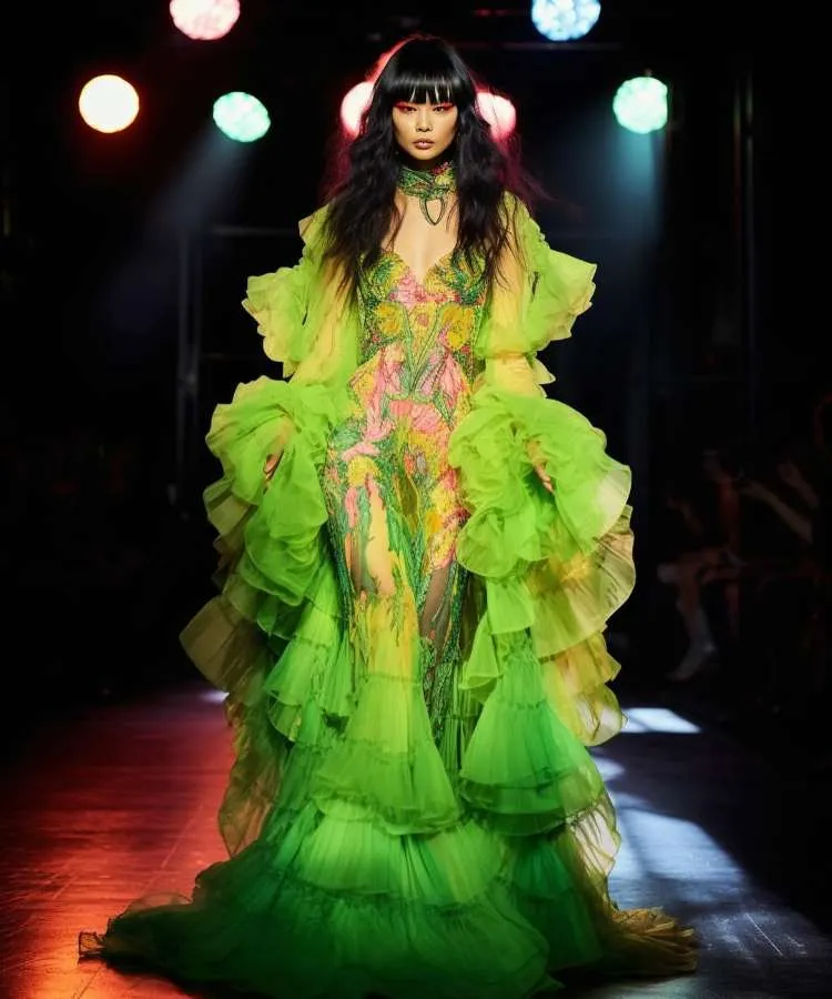 Um modelo com cabelo preto comprido e franja caminha na passarela. O vestido verde limão é adornado com folhos e uma estampa floral rosa e amarela na parte superior, criando uma silhueta dramática e fluida.


