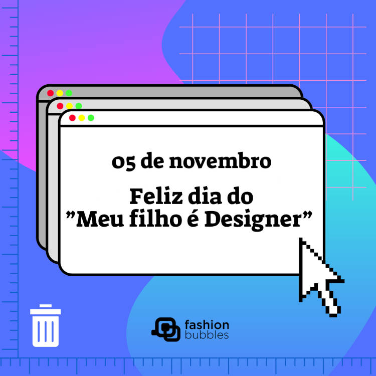 Cartão virtual de fundo azul, roxo e verde e desenho de abas do computador com frase " Dia 5 de novembro. Feliz dia do “Meu filho é designer”