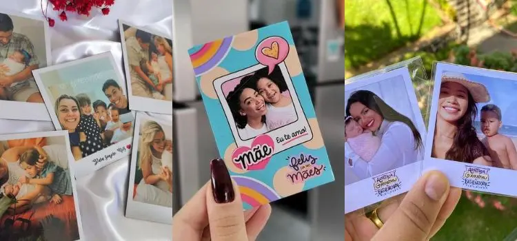 Montagem com 3 ideias de ímãs de geladeira feitos com fotos personalizadas para lembrancinha de Dia das Mães: "Ímã de geladeira com fotos da família sorrindo", "Ímã de geladeira com foto da família em montagem colorida", "Ímã de geladeira com foto da família e legenda fofa"