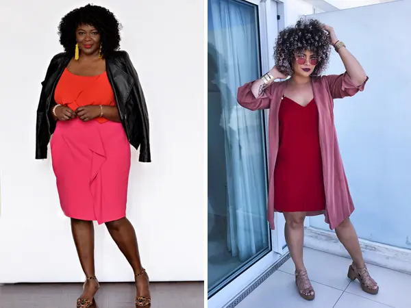 Montagem com duas fotos de mulheres de pele negra. A primeira usa blusa vermelha e saia rosa com jaqueta preta e a segunda usa vestido curto vermelho com cardigan rosa