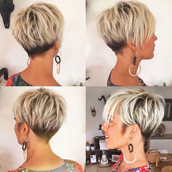 Montagem com 4 fotos mostrando corte de cabelo curto de mulher platinada